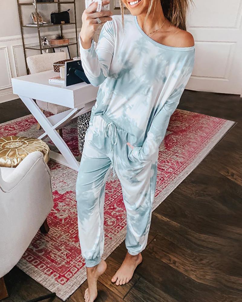 

Tie Dye Print Round Neck Pockets Top & Pants Set, Light blue