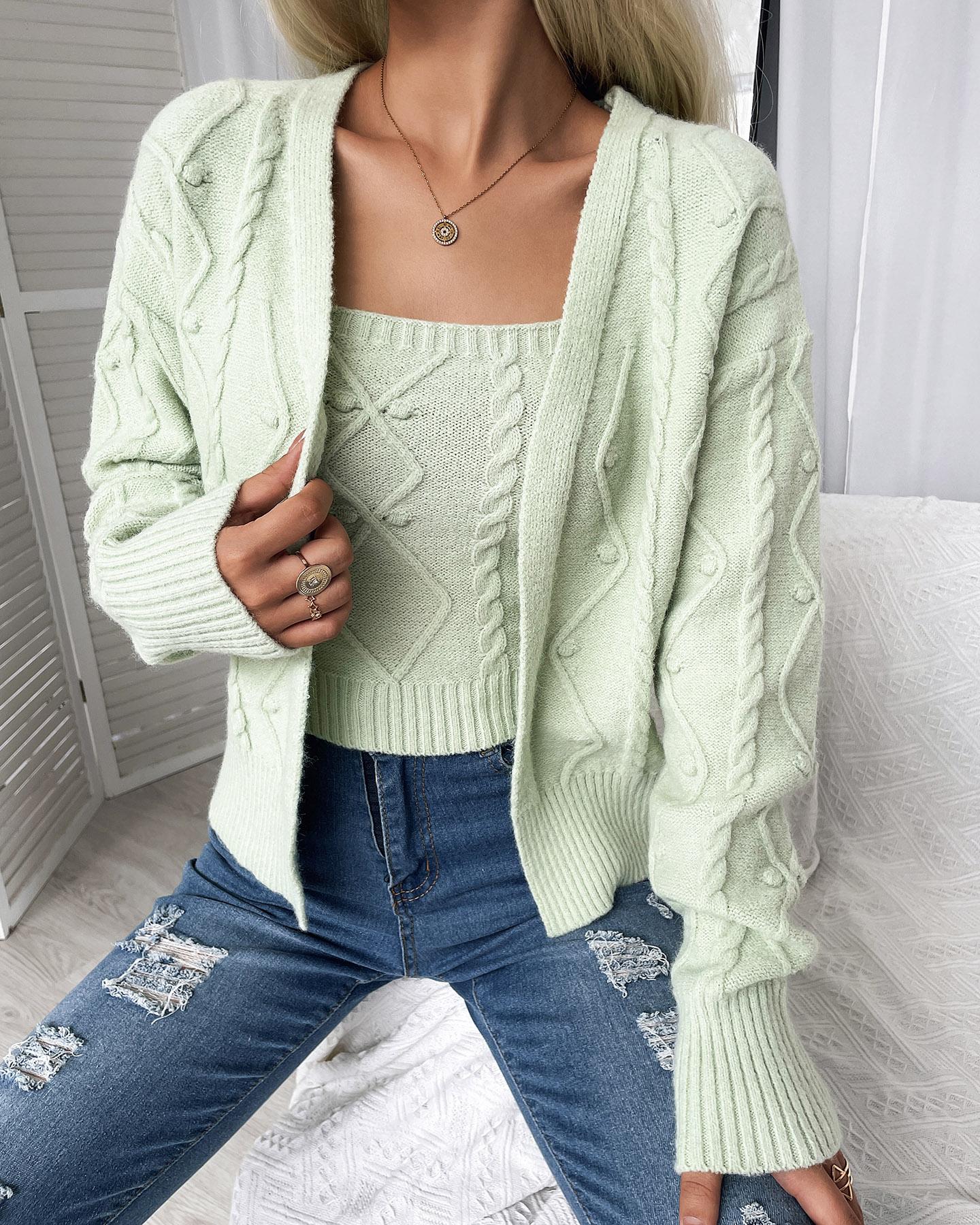 

Braided Knit Cami Top & Cardigan Sets, Green