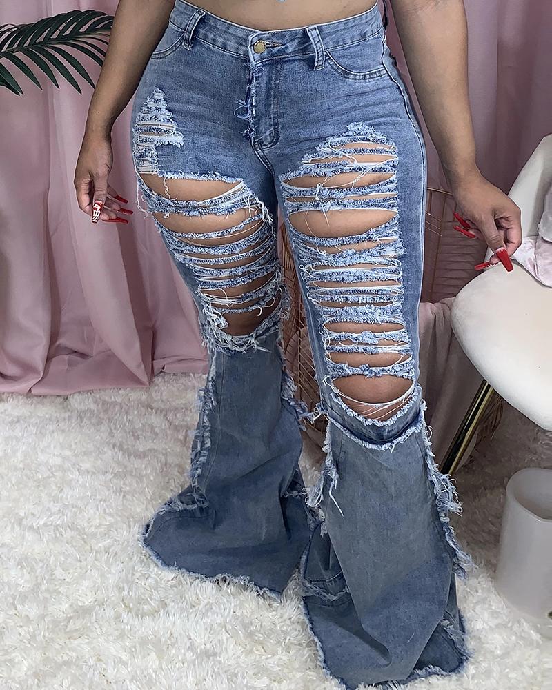 

Ladder Cut Out Fringe Hem Bootcut Jeans, Blue
