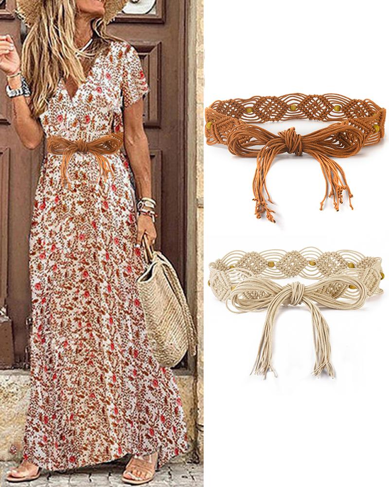 

1pc Beaded Decor Braided Belt, Brown