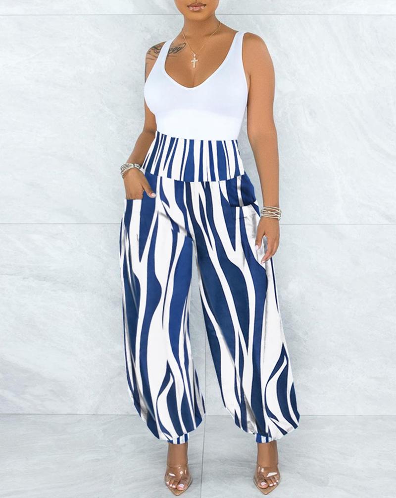

Stripe Print High Waist Harem Pants, Blue