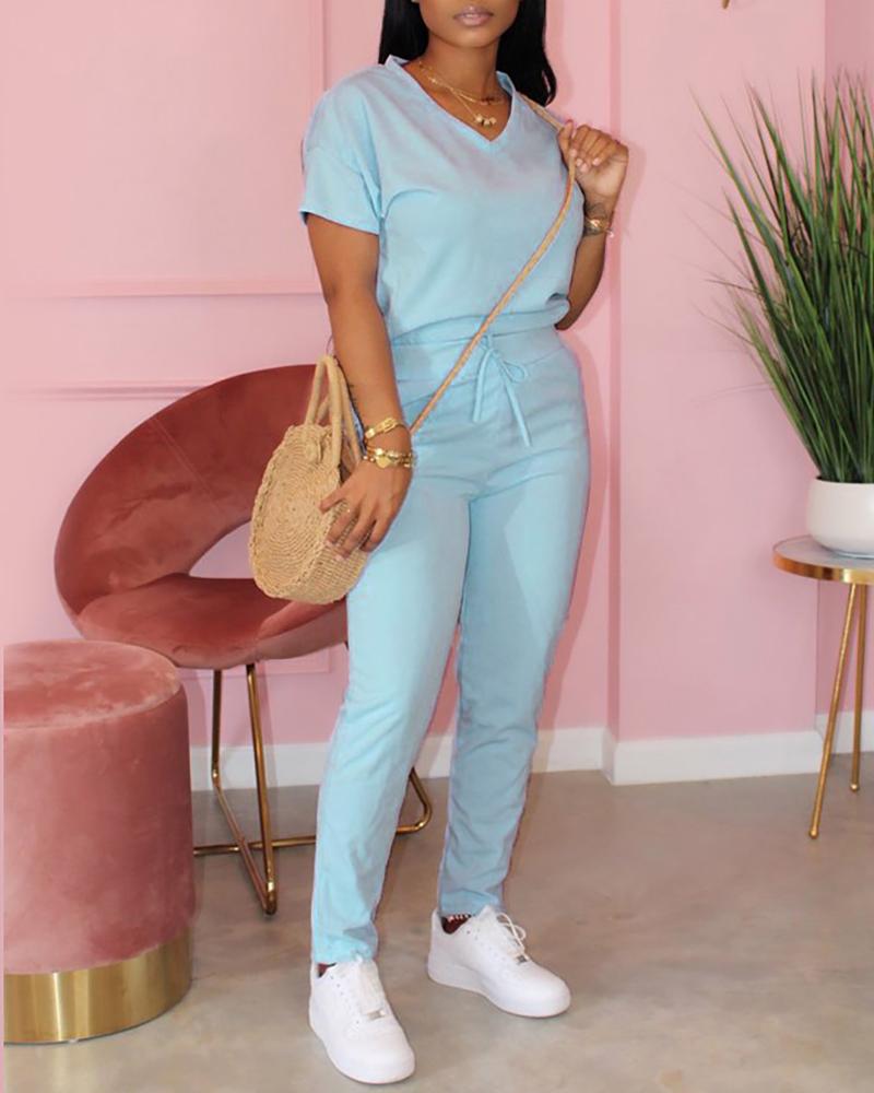 

Solid Short Sleeve Top & Pants Set, Blue