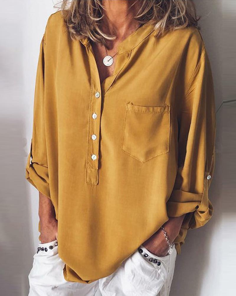 

Long Sleeve Solid Half Button Blouse, Yellow