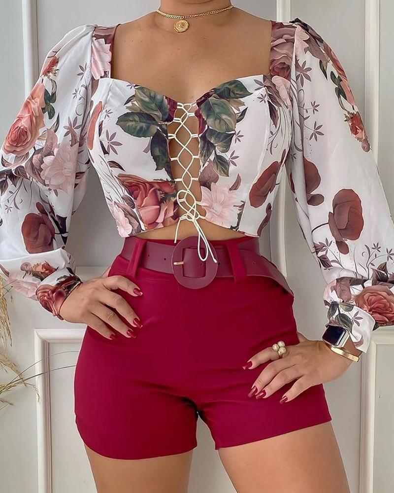 

Floral Print Lace-up Front Crop Top & Shorts Set, Multicolor