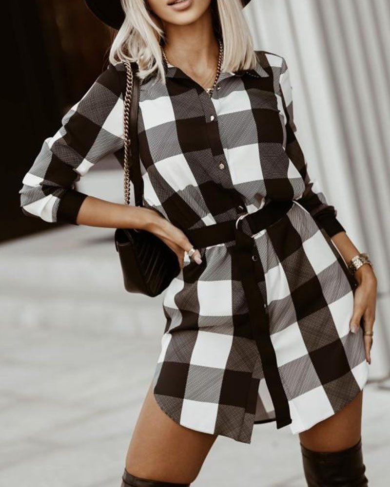 

Plaid Print Button Down Belted Shirt Dress, Black