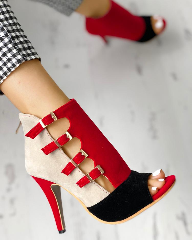 Colorblock Splicing Hollow Out Buckled Thin Heels