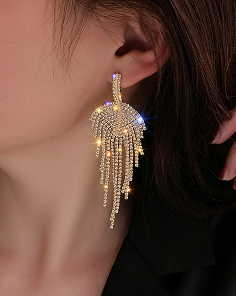 

1Pair Leaf Shape Rhinestone Decor Earrings, Gold