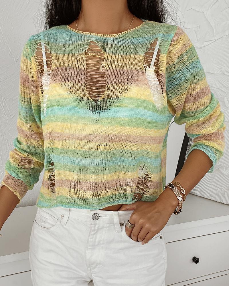 

Hollow Out Round Neck Sweater, Blue