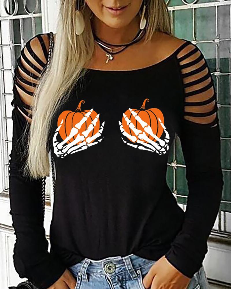 

Halloween Pumpkin Print Ladder Cut-Out Long Sleeve Top, Black