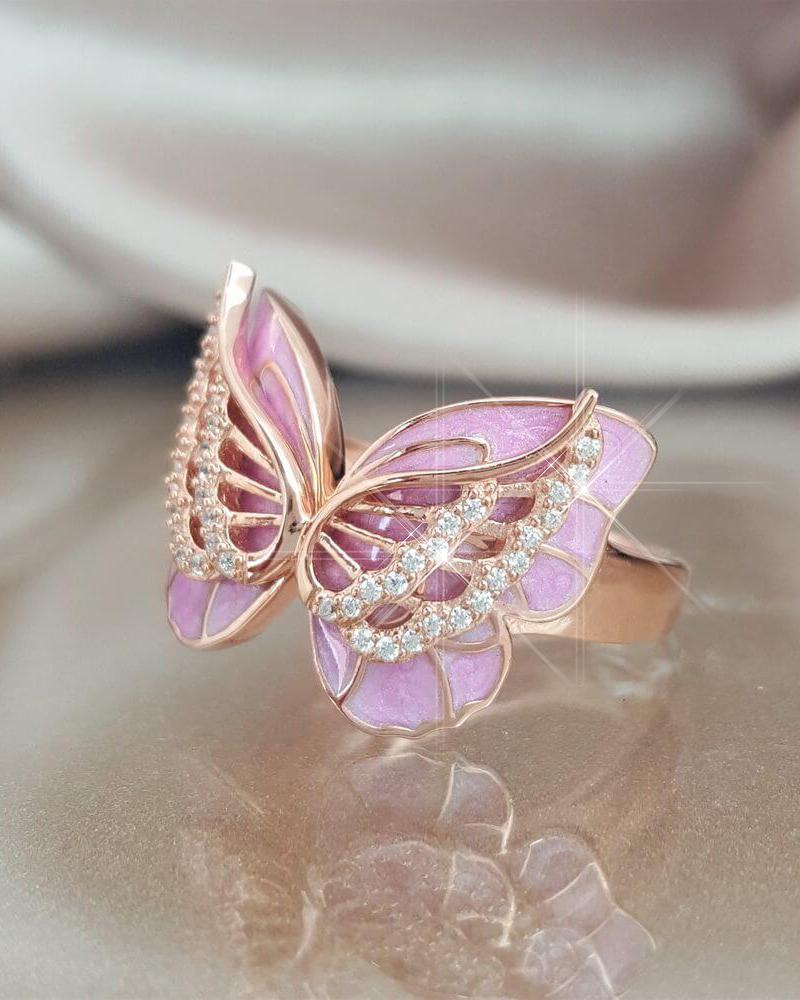 

Butterfly Pattern Rhinestone Decor Ring, Pink