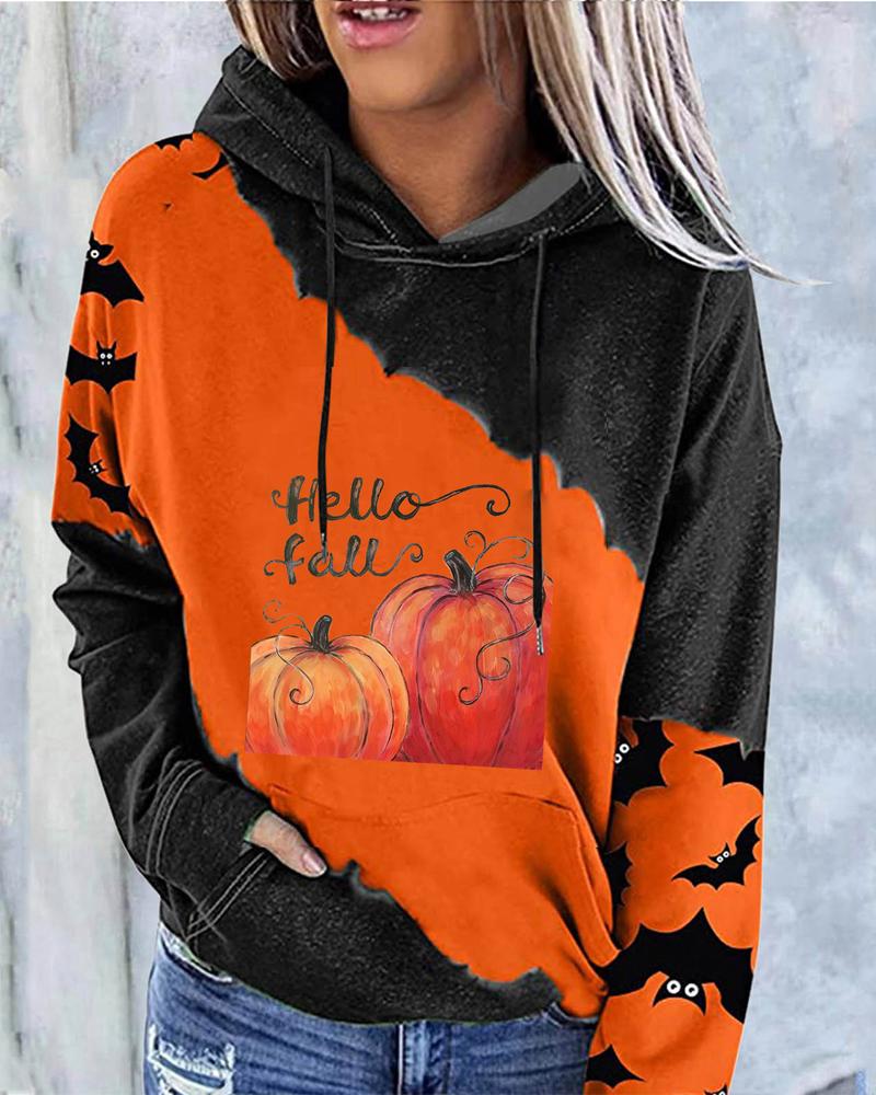 

Halloween Pumpkin Bat Print Long Sleeve Hoodie, Orange