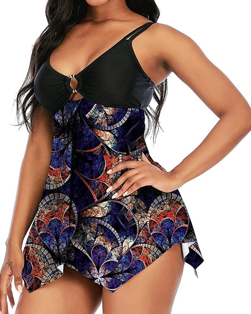 

Allover Print O-Ring Sleeveless Tankini Set, Black
