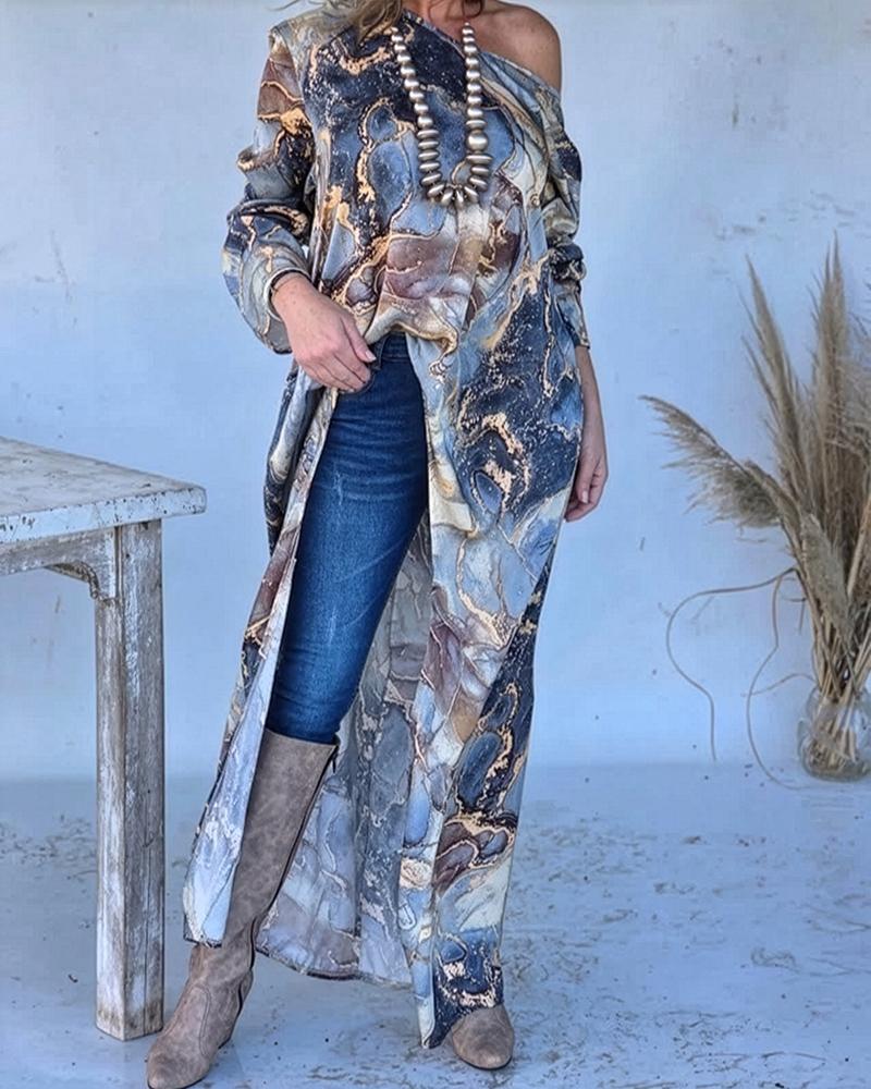 

Marble Print Three Quarters Sleeve Cold Shoulder Blouse Casual Asymmetrical Hem Longline Loose Top, Dark blue