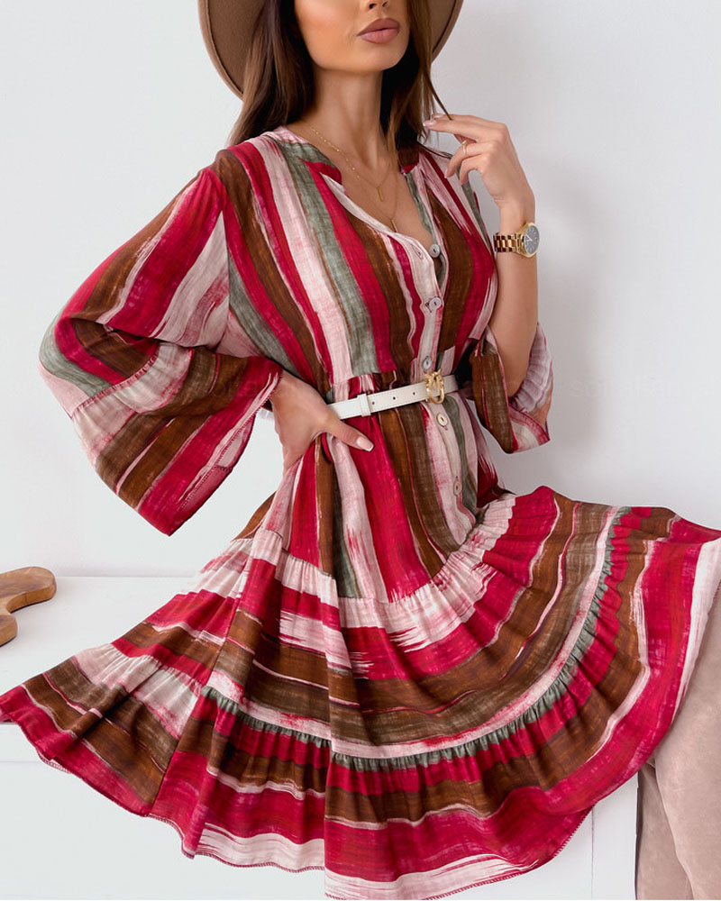 

Striped Print Button Front Ruffle Hem Casual Dress, Red