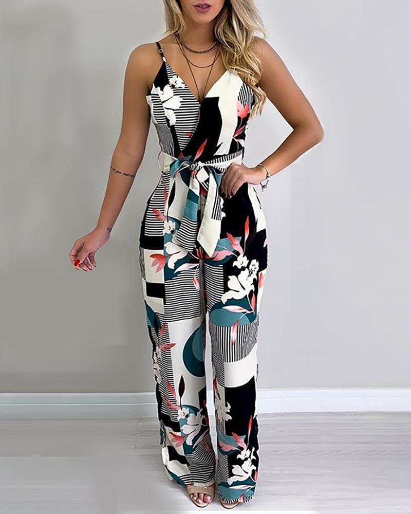 

Spaghetti Strap Mixed Print Jumpsuit, Multicolor