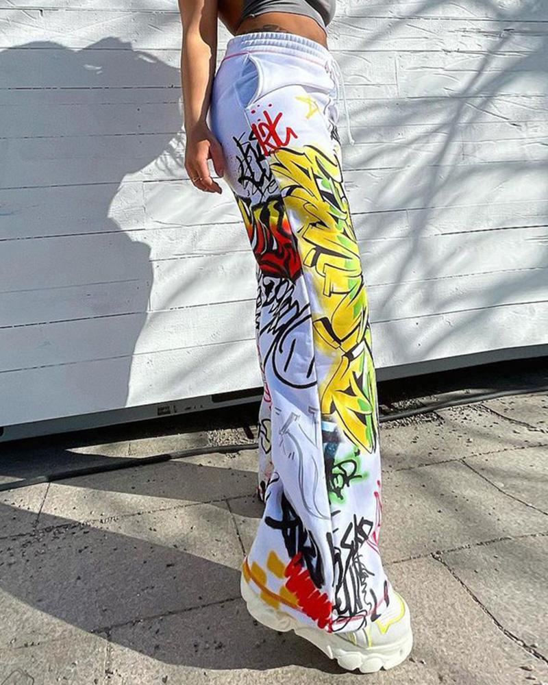 

Letter Graphic Print Drawstring High Waist Pants, White