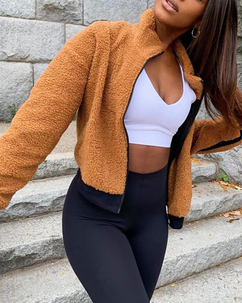 

Zipper Design Casual Teddy Coat, Coffee