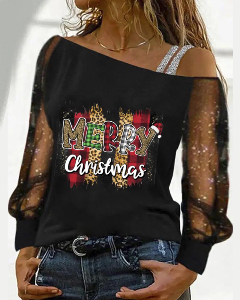 

Christmas Letter Cheetah Print Cold Shoulder Top, Black