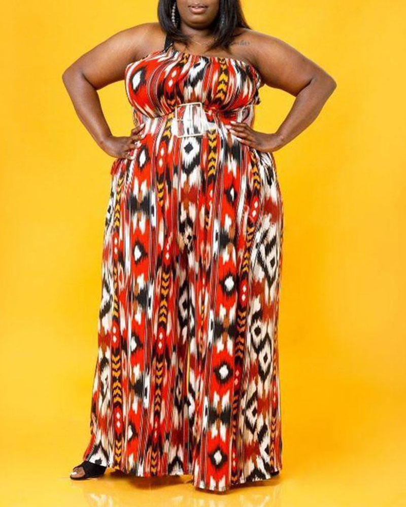 

Plus Size Allover Print One Shoulder Wide Leg Jumpsuit, Orange