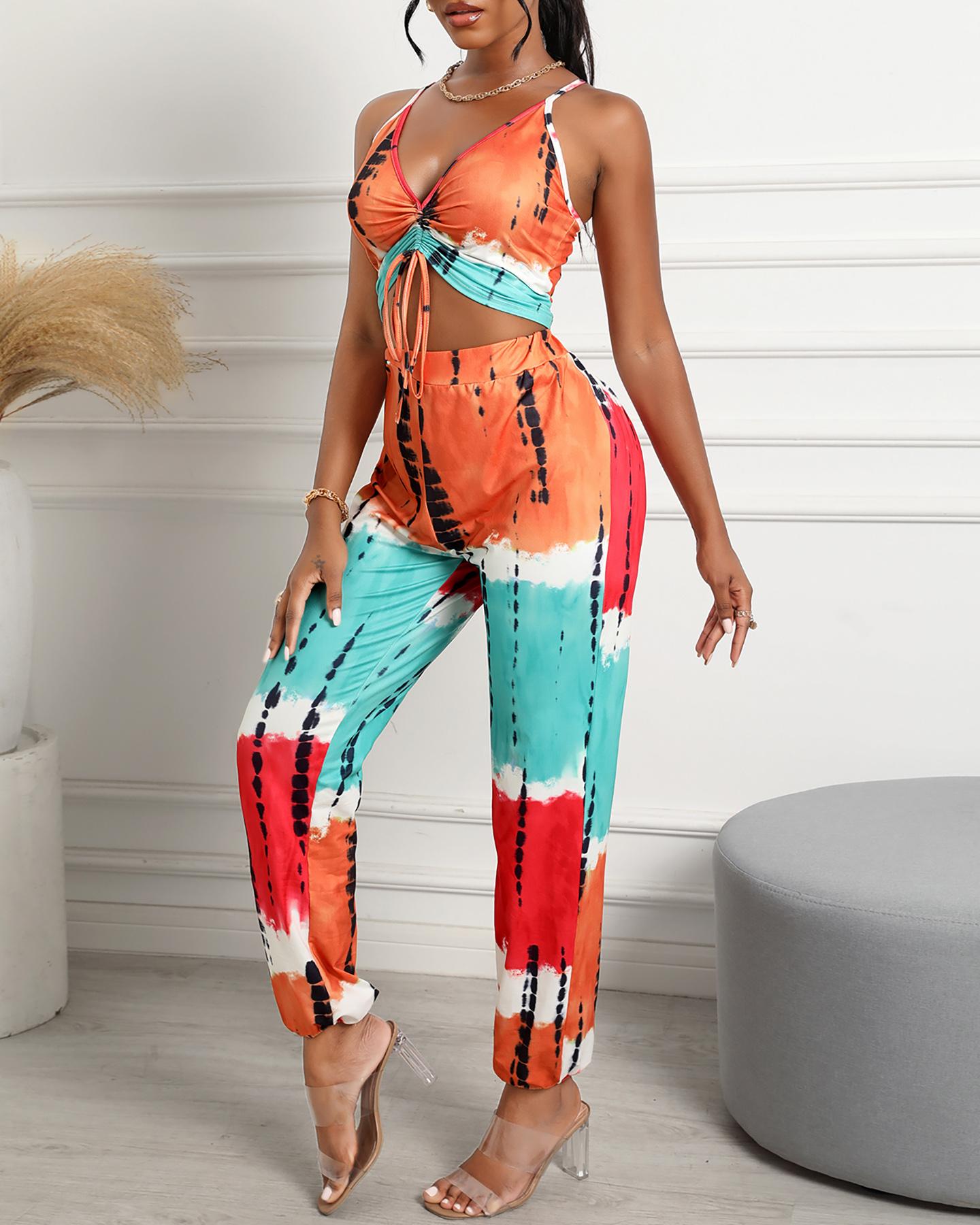 

Tie Dye Print Tie Front Crop Top & Pants Sets, Style3