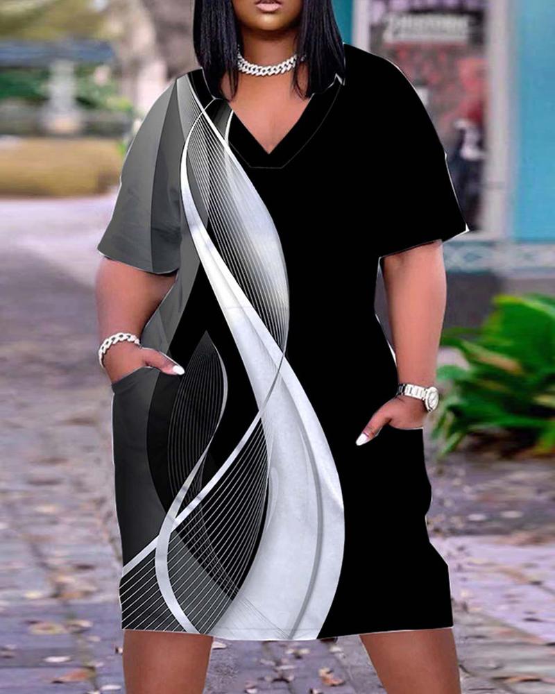 

Plus Size Abstract Print Colorblock Pocket Detail Casual Dress, Black