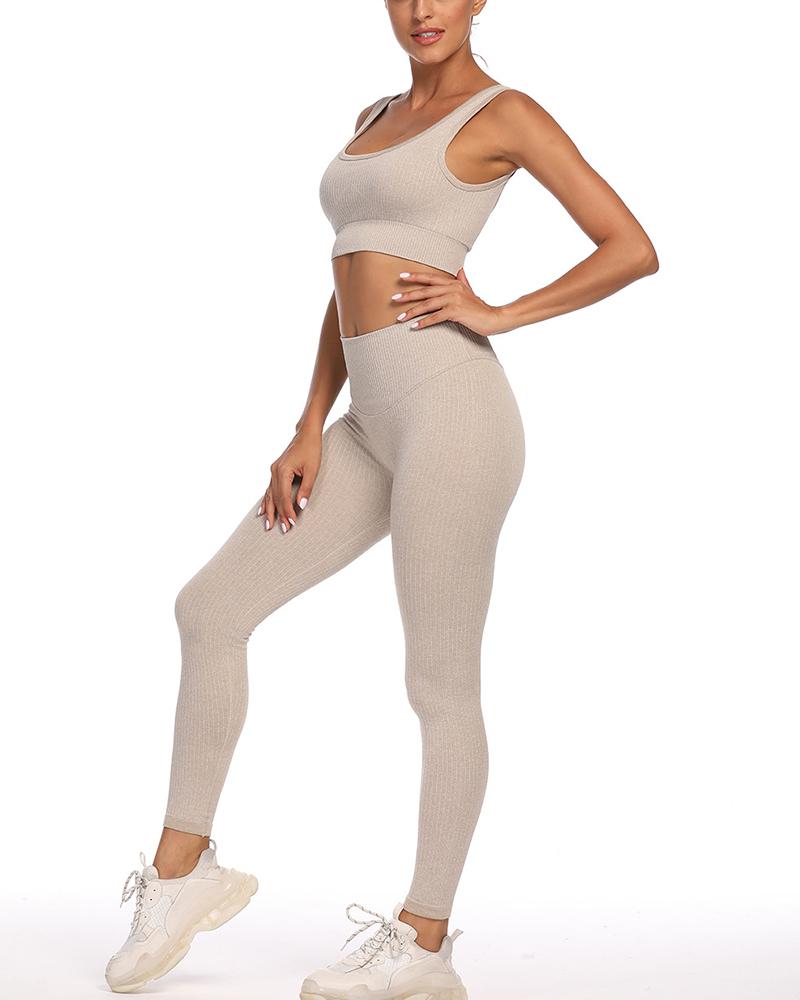 

Plain Sleeveless Low Cut High Waist Skinny Active Sets, Khaki