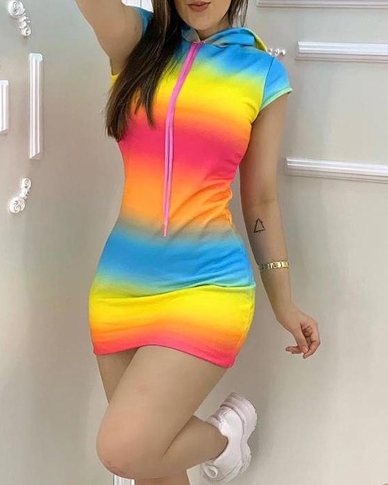 

Tie Dye Print Colorblock Hooded Dress, Yellow