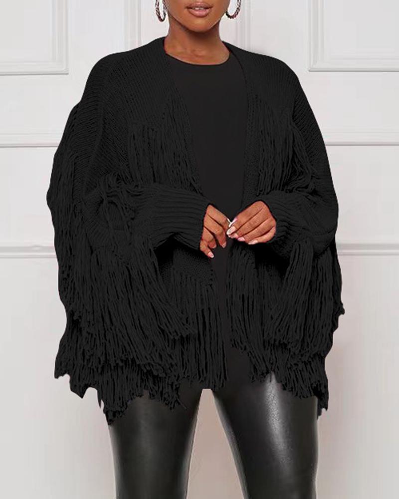 

Tassel Design Long Sleeve Knit Cardigan, Black