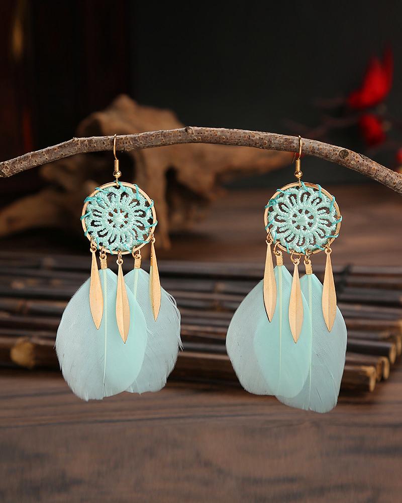 

1Pair Feather Decor Dream Catcher Shaped Drop Earrings, Light green