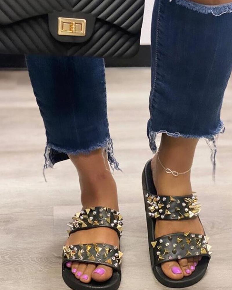 

Solid Double Strap Rivet Flat Sandals, Black