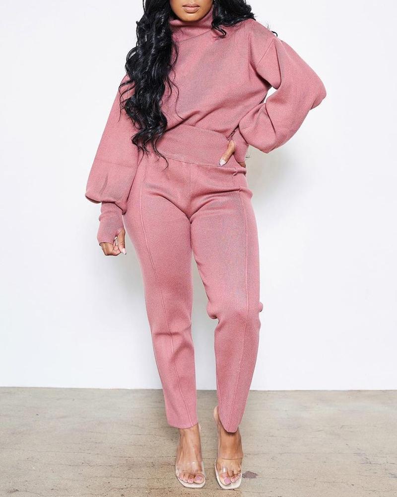 

Lantern Sleeve High Neck Top & Pants Set, Pink