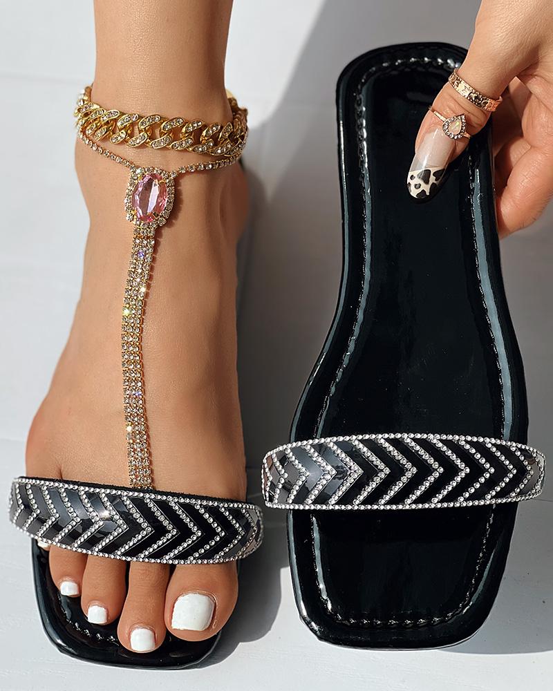 

Rhinestone Thin Strap Square Toe Slippers, Black