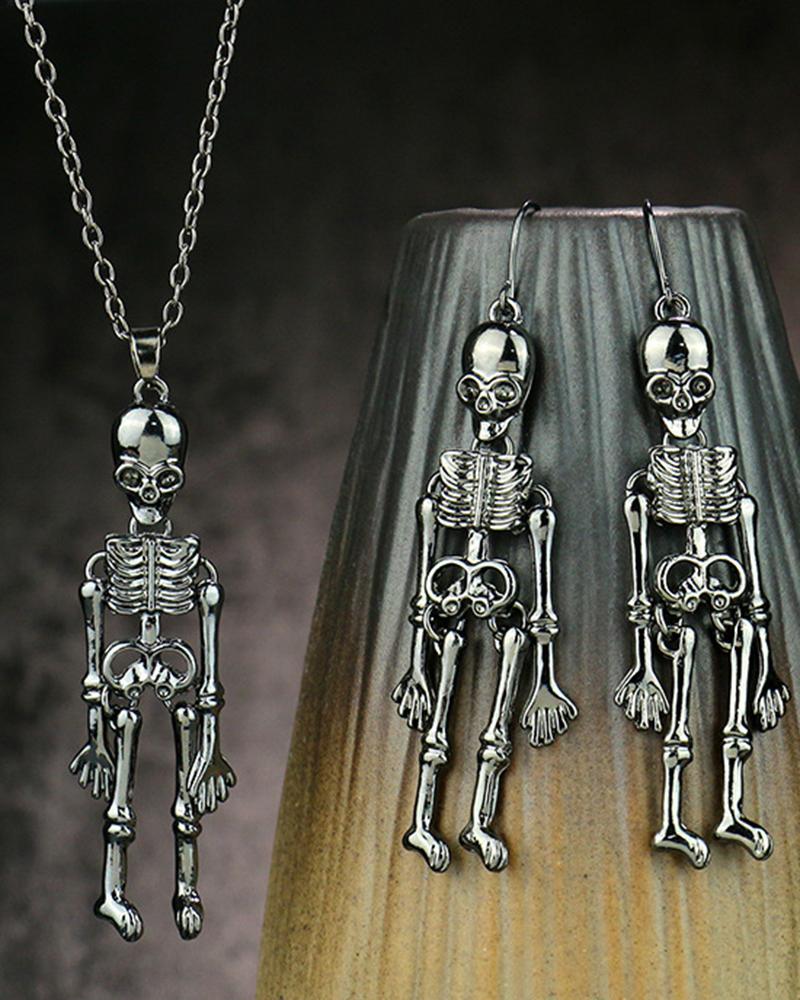 

2PCS Halloween Skeleton Pendant Necklace & Hook Earrings Jewelry Set, Black