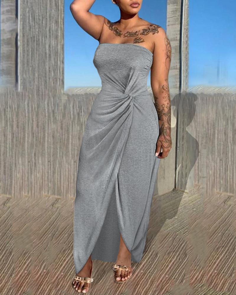 

Off Shoulder Plain Ruched Knot Backless Straight Maxi Dress, Gray