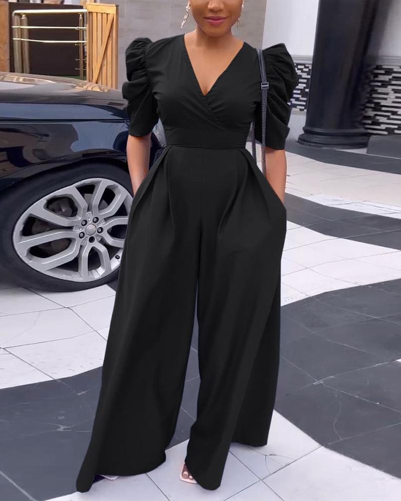 

Puff Sleeve Pocket Design Wide Leg Jumpsuit, Black