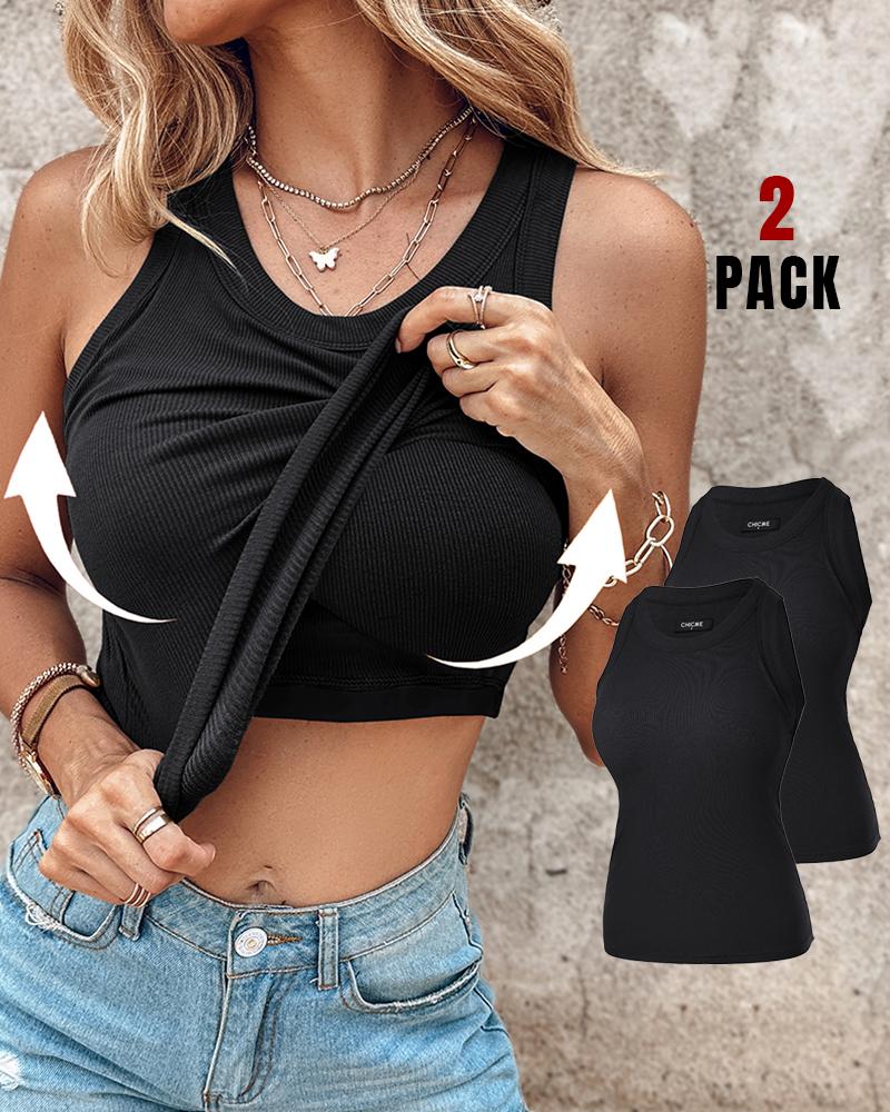 

2-Pack Round Neck Ribbed Tank Top With Bra Pads, Style2