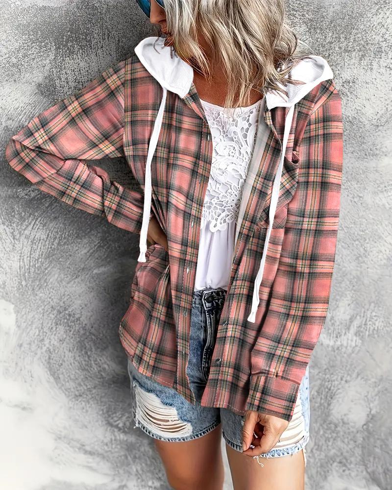 

Colorblock Plaid Print Buttoned Hooded Top, Pink