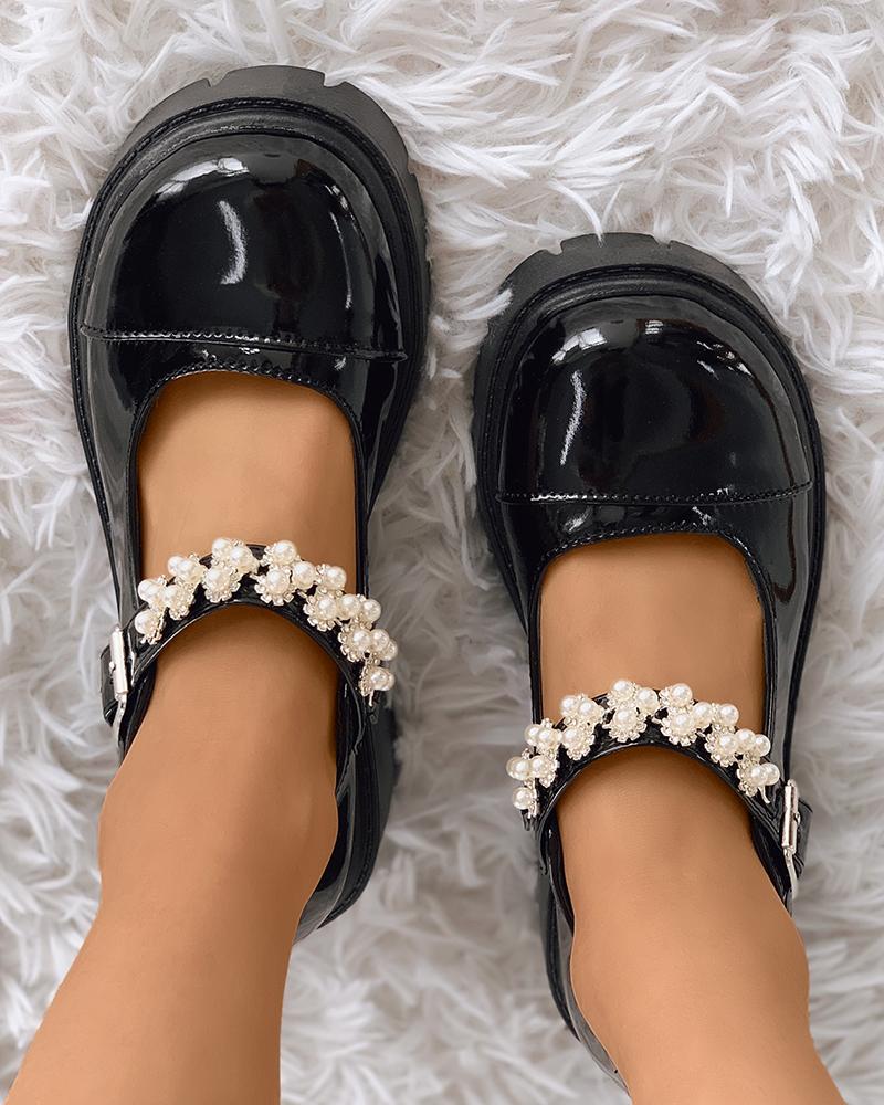 

Beaded Strap Buckled Chunky Shoes, Black