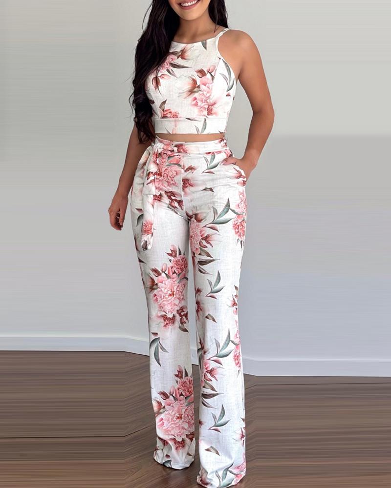 

Floral Print Sleeveless Top & Pants Set, White
