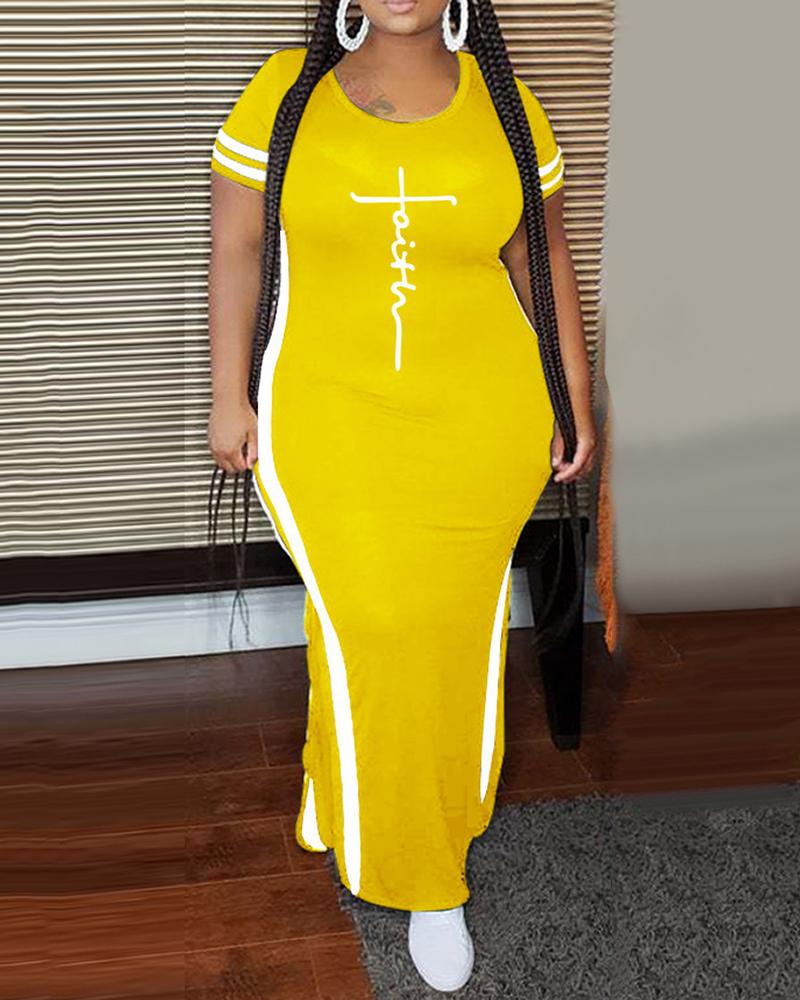 

Plus Size Striped Letter Print Slit Casual Dress, Yellow