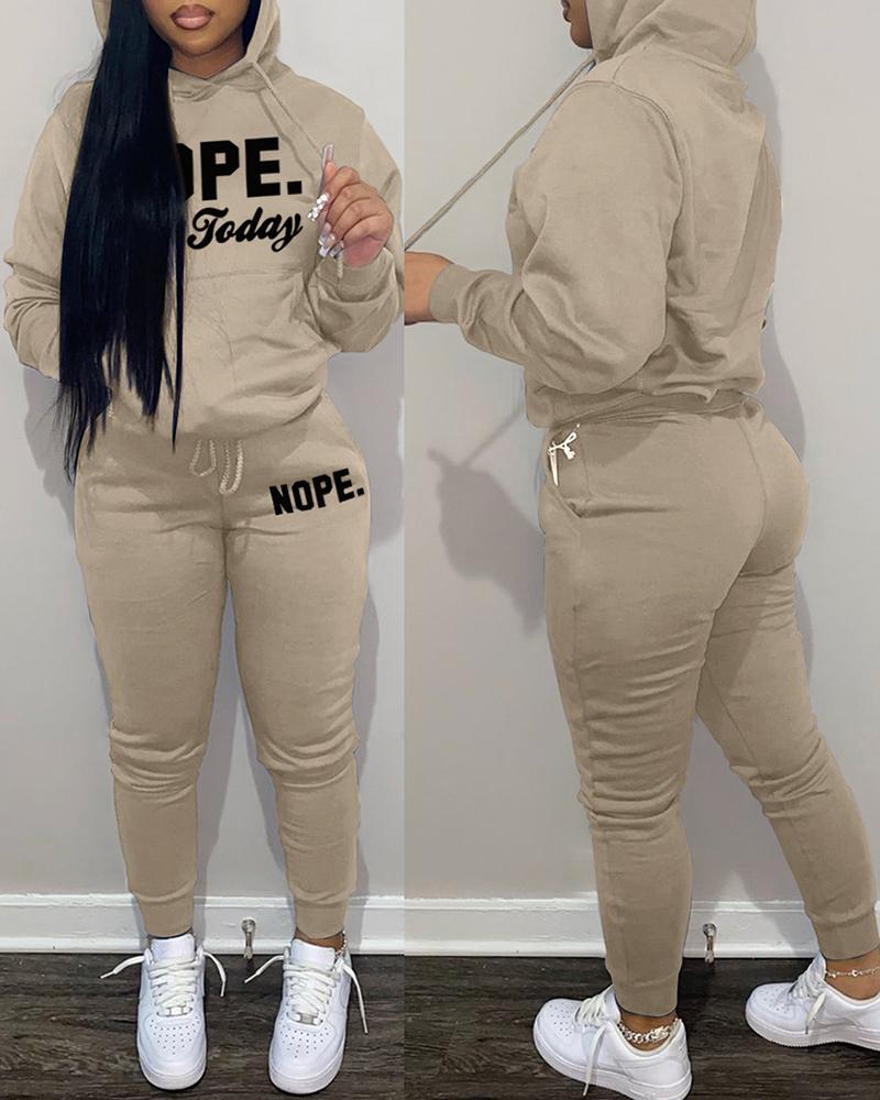 

Letter Print Pocket Design Hoodie & Pants Set, Khaki