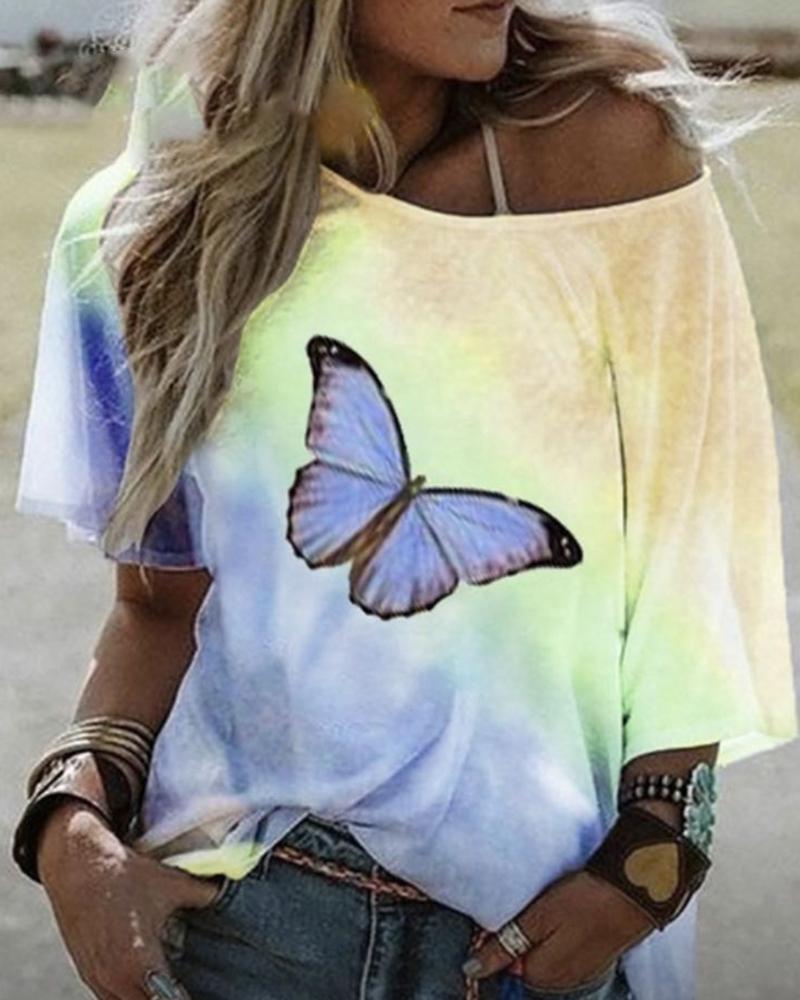 

Butterfly Tie Dye Print Casual T-shirt, Yellow