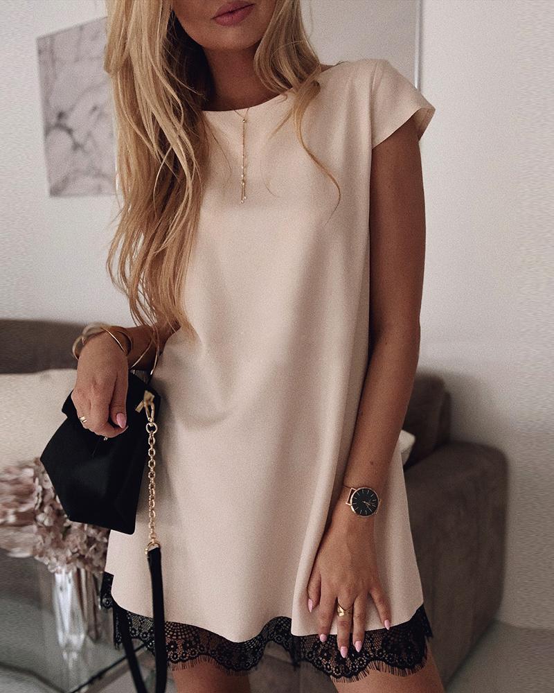 

Eyelash Lace Patch Short Sleeve Casual Dress, Pink