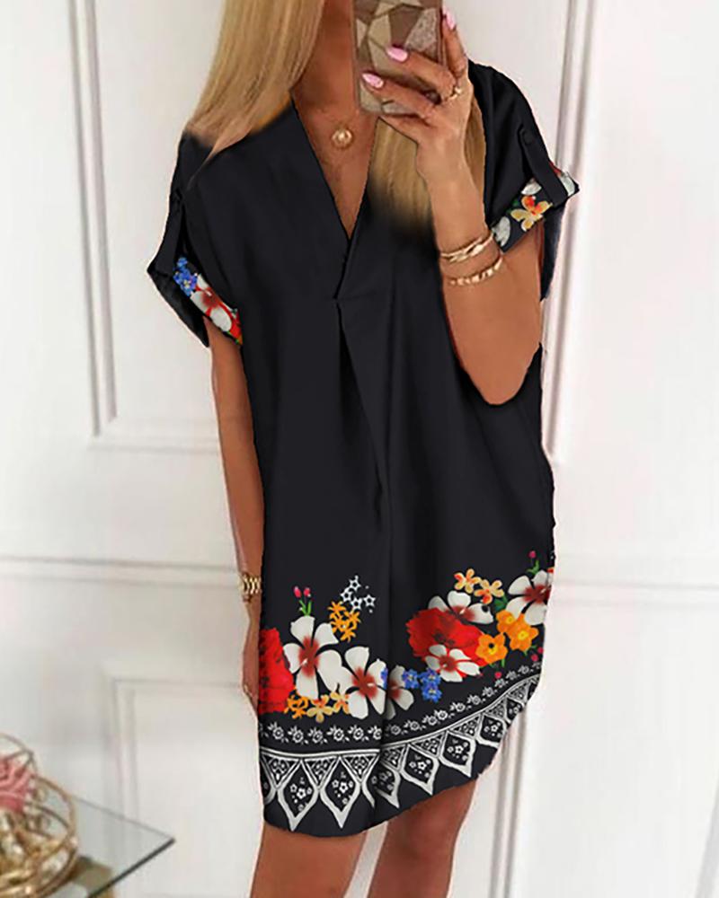 

Floral Print Short Sleeve Casual Dress, Black