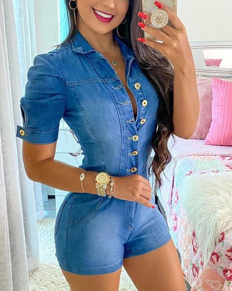 

Puff Sleeve Button Front Denim Romper, Blue