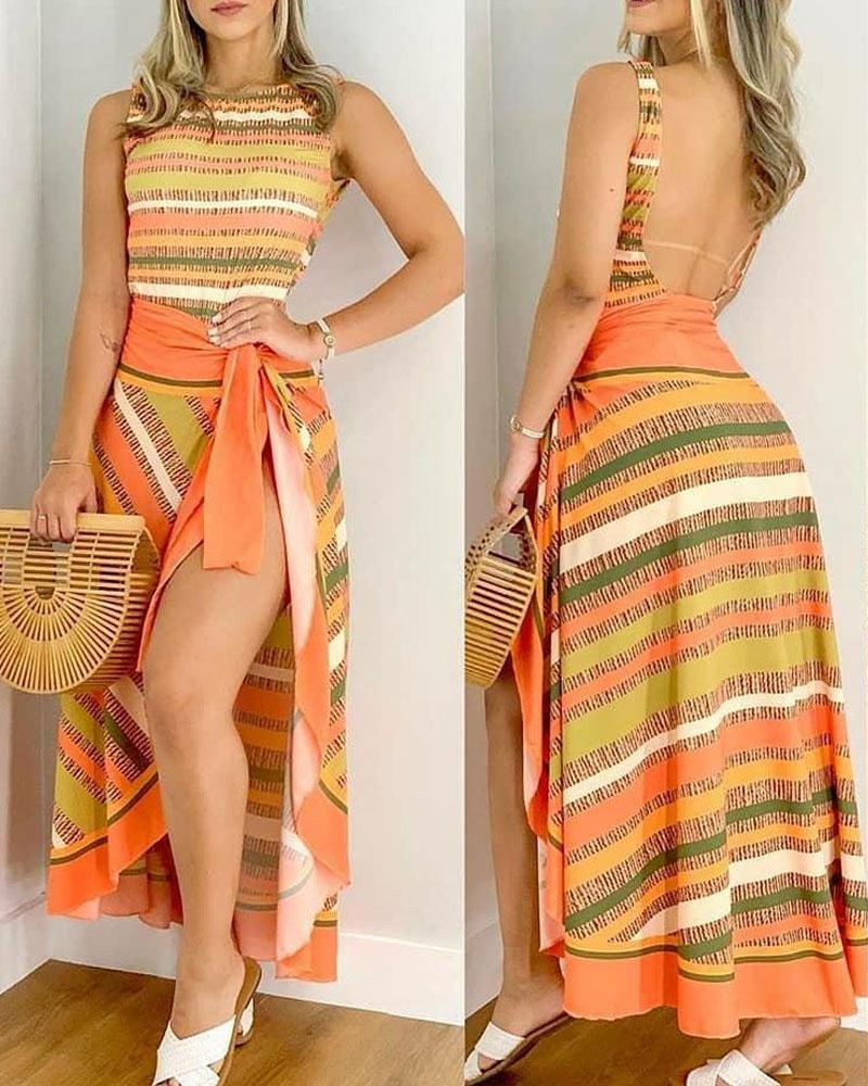 

Striped Print Backless One-Piece Swimsuit With Cover Up, Orange