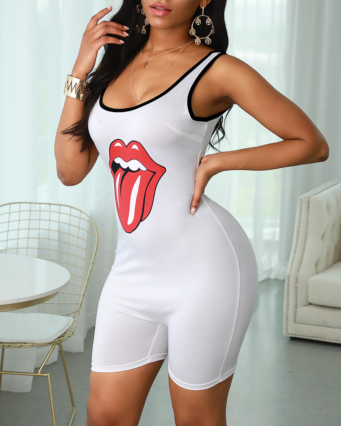 

Lip Print Contrast Binding Thick Strap Fitted Romper, White