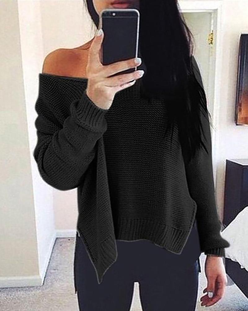 

Solid Side Slit Long Sleeve Casual Sweater, Black