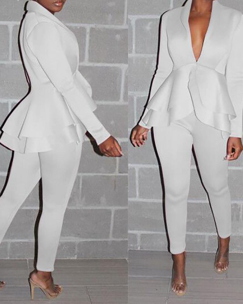

Ruffles Plunge Top & Pants Set, White