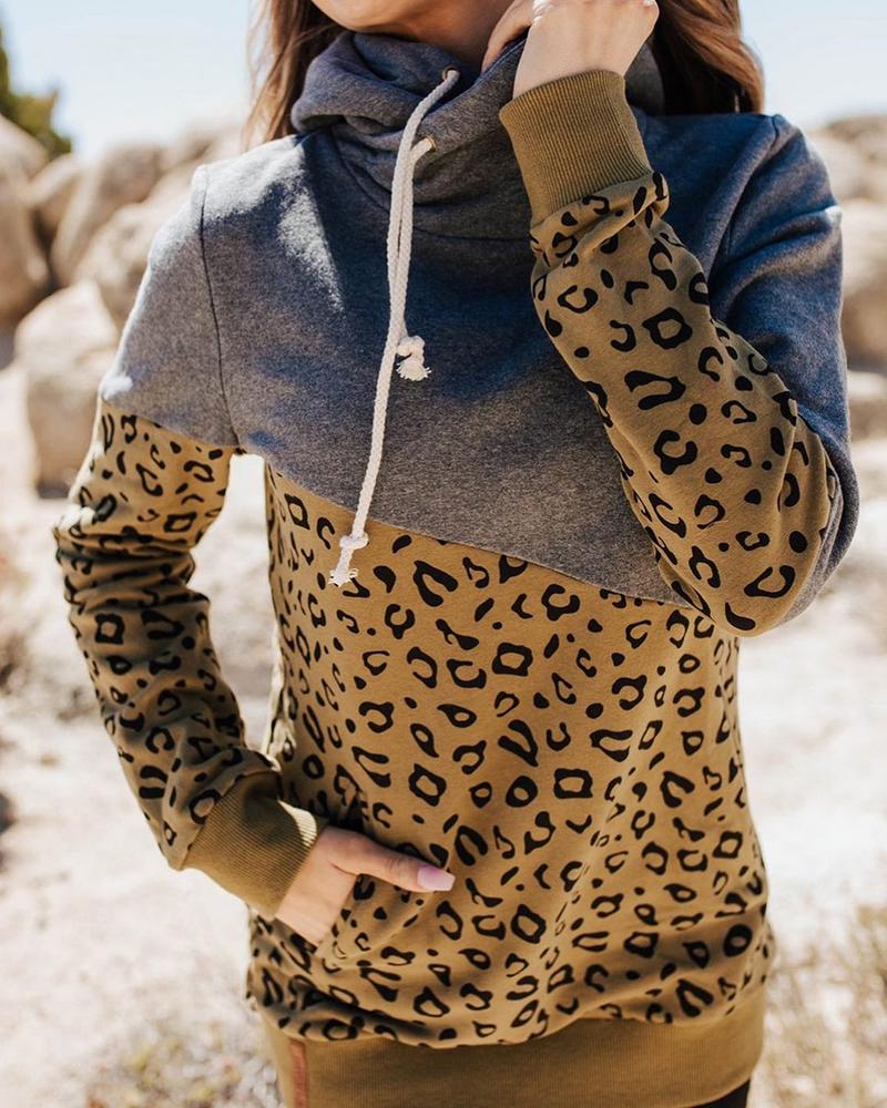 

Cheetah Print Colorblock Pocket Design Hooded Sweatshirt, Gray
